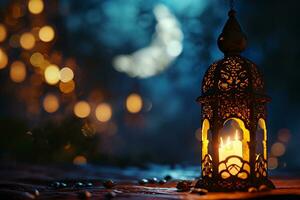 ai generado ornamental Arábica linterna con ardiente vela brillante a noche invitación para musulmán santo mes Ramadán kareem foto