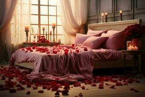 ai generado hotel romance cama adornado con Rosa pétalos creando un romántico ajuste ai generado foto
