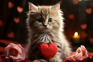 ai generado patéticamente adorable un dulce gatito anidado con un corazón radiante amor ai generado foto