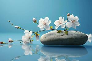 AI generated Serene scene stone and flowers on light blue, perfect presentation photo