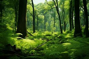 ai generado majestuoso árboles, pequeño arbustos, y helechos en un lozano verde bosque foto