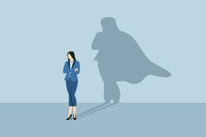 Businesswoman with superhero shadow, superhero leadership in business, successful and powerful leader, confident leadership, business success, ambition or power, career or promotion. flat vector. vector