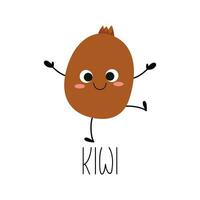 Cute jumping hand drawn kiwi character. Learning fruit flashcard with it name for kids. Vector