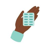 African black female hand holds pills from pain. Headache, stomach ache. Medicine vector