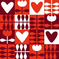 Bold Swiss style seamless pattern with tulip flowers and hearts. Geometric print for tee, paper, fabric, textile. Retro style vector illustration for decor and design.