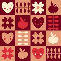 Swiss style seamless pattern with hearts and apples silhouettes. Checkered print for tee, paper, fabric, textile. Retro style vector illustration for decor and design.