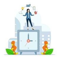 Multitasking and time management concept. Working person or business manager standing at big clock, doing effective multitasking with many hands. productivity concept. Flat vector illustration.