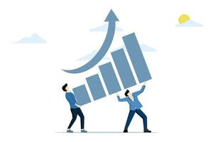 negocio crecimiento concepto, incrementar o Progreso hacia éxito, equipo planificación y estrategia a lograr éxito, crecimiento o progreso, empresario empleado ayuda a construir crecimiento grafico. vector. vector