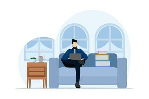 Freelancer concept. Happy freelancer working with laptop at home, man sitting on sofa chair, using laptop, Vector illustration for freelancer, morning, planning, work from home routine.