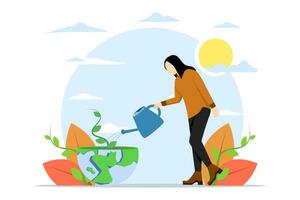 Save the Planet Concept. woman watering plants with soil container. Earth Day. International Mother Earth Day. Flat Modern Design illustration for Web Page, Banner, Presentation, etc. vector
