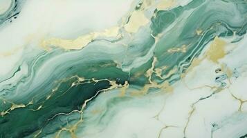 AI generated Abstract marbled background. Luxurious elegant green and white marble stone texture, with gold details. photo