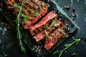 AI generated Sliced grilled meat steak with spices rosemary and pepper on black marble board photo