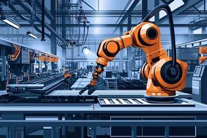 AI generated Robotic arm for electronic assembly line. Smart modern factory automation using advanced machines. photo