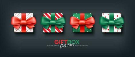 Gifts box Red and Green bow and ribbon realistic collections. top view design on black background, Eps 10 vector illustration