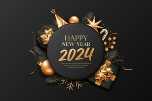 2024 Happy new year ornaments gold and black, greeting card banner design on black background, Eps 10 vector illustration