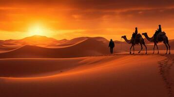 ai generado camello caravana en el Desierto a puesta de sol foto