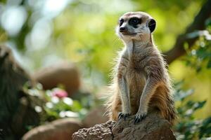 AI generated Suricata standing on a guard. Curious meerkat photo