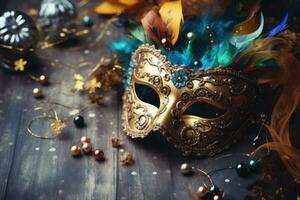 ai generado festivo veneciano carnaval máscara en gris fondo, nuevo año celebracion foto