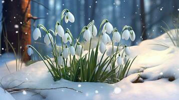 AI generated Snowdrop flowers blooming in snow covering. First spring flowers photo