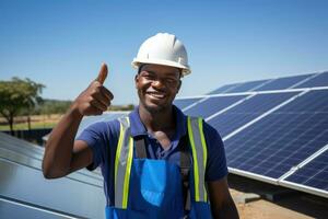 ai generado trabajador a solar paneles demostración pulgares arriba, símbolo de un trabajo bien hecho foto