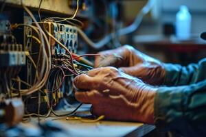 ai generado cerca arriba detalle de un electricista manos trabajando con alambres y fusible cambiar caja. foto