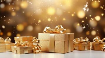 AI generated Christmas gift box with golden ribbon photo