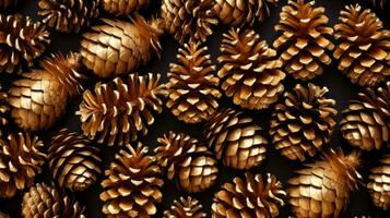 AI generated Golden pine cones on a Christmas background photo