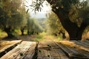 ai generado vacío antiguo de madera mesa para producto monitor con natural verde aceituna campo y verde aceitunas foto