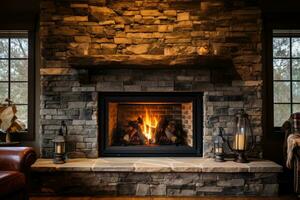 AI generated A large stone fireplace with blazing flames photo