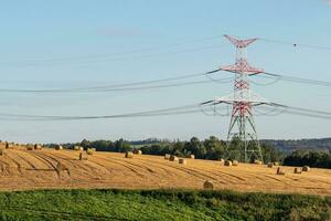 Straw bales on the field near high electricity pylons photo