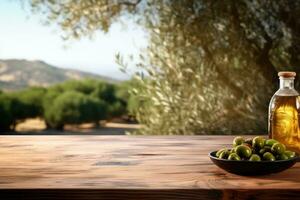 ai generado antiguo de madera producto monitor mesa con natural verde aceituna campo y aceituna petróleo foto