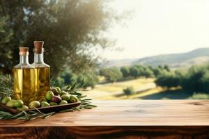AI generated Old wooden product display table with natural green olive field and olive oil photo