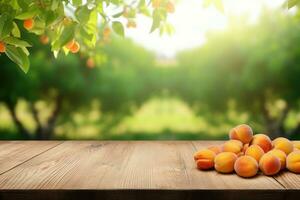 AI generated Wooden table top with apricots on blur background with apricot orchard photo