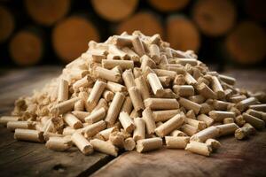 AI generated Pile of wood pellets on table. Ecologic fuel made from biomass. Renewable energy source. photo