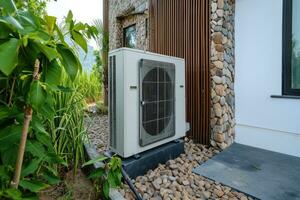 ai generado aire fuente calor bomba instalado en residencial edificio. sostenible y limpiar energía a hogar. foto