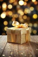 AI generated Christmas gift box with golden ribbon bow on a wooden table. photo