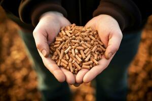 AI generated Male hands holding wood pellets. Ecologic fuel made from biomass. Renewable energy source. photo