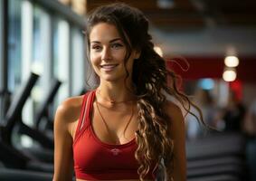 ai generado mujer corriendo en un aptitud centro. formación en el gimnasio foto