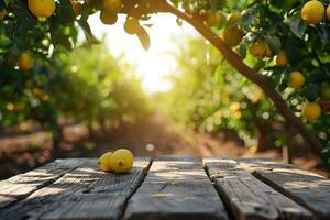 AI generated Wooden table top on blurred background orchard with lemons photo