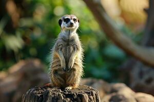 AI generated Suricata standing on a guard. Curious meerkat photo