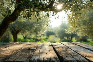 AI generated Empty old wooden table for product display with natural green olive field and green olives photo