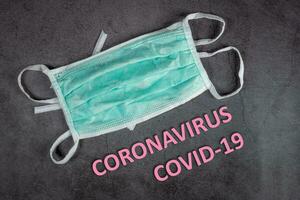 Text phrase Coronavirus on black background with protective medical masks. Mask protection against pollution, virus, flu and coronavirus 2019-nCoV. photo