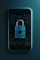 AI generated Cyber security, mobile phone with safety lock system for network. Smartphone screen for privacy, antivirus or hacking photo