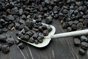 Shovel and a pile of brown coal for heating photo