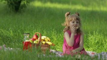final de semana às piquenique. caucasiano criança menina em Relva Prado com cesta cheio do frutas. comendo panquecas video