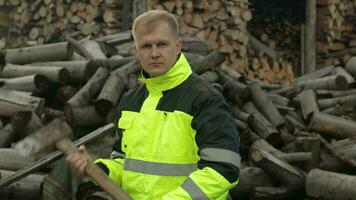 Holzfäller im reflektierend Jacke. Mann Holzfäller mit enorm Axt. gesägt Protokolle, Brennholz Hintergrund video