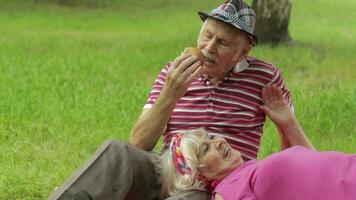 Family weekend picnic in park. Active senior old caucasian couple sit on blanket and eating burger video