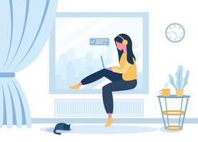 Womens freelance. Girl in headphones with laptop sitting on the windowsill. Concept illustration for working, studying, education, work from home, healthy lifestyle. Vector illustration in flat style.