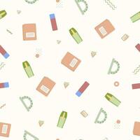 Seamless pattern with various school supplies on a white background. Vector illustration in flat style.