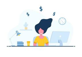 Womens freelance. Girl in headphones with laptop sitting at a table. Concept illustration for working from home, studying, education, communication, healthy lifestyle. Vector in flat style.